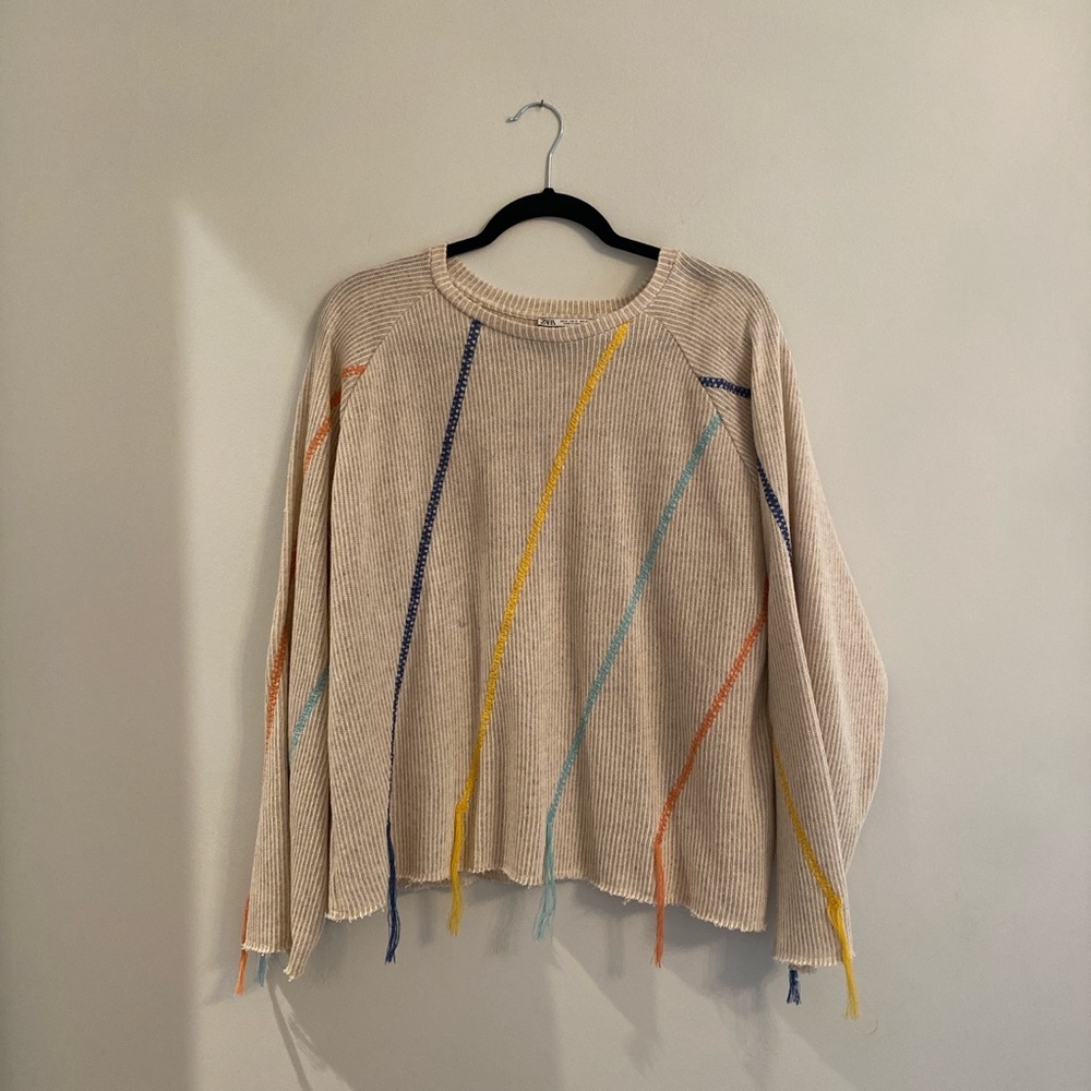 Zara Beige Sweater with Multi-Colored Stitching NEW WITHOUT TAGS